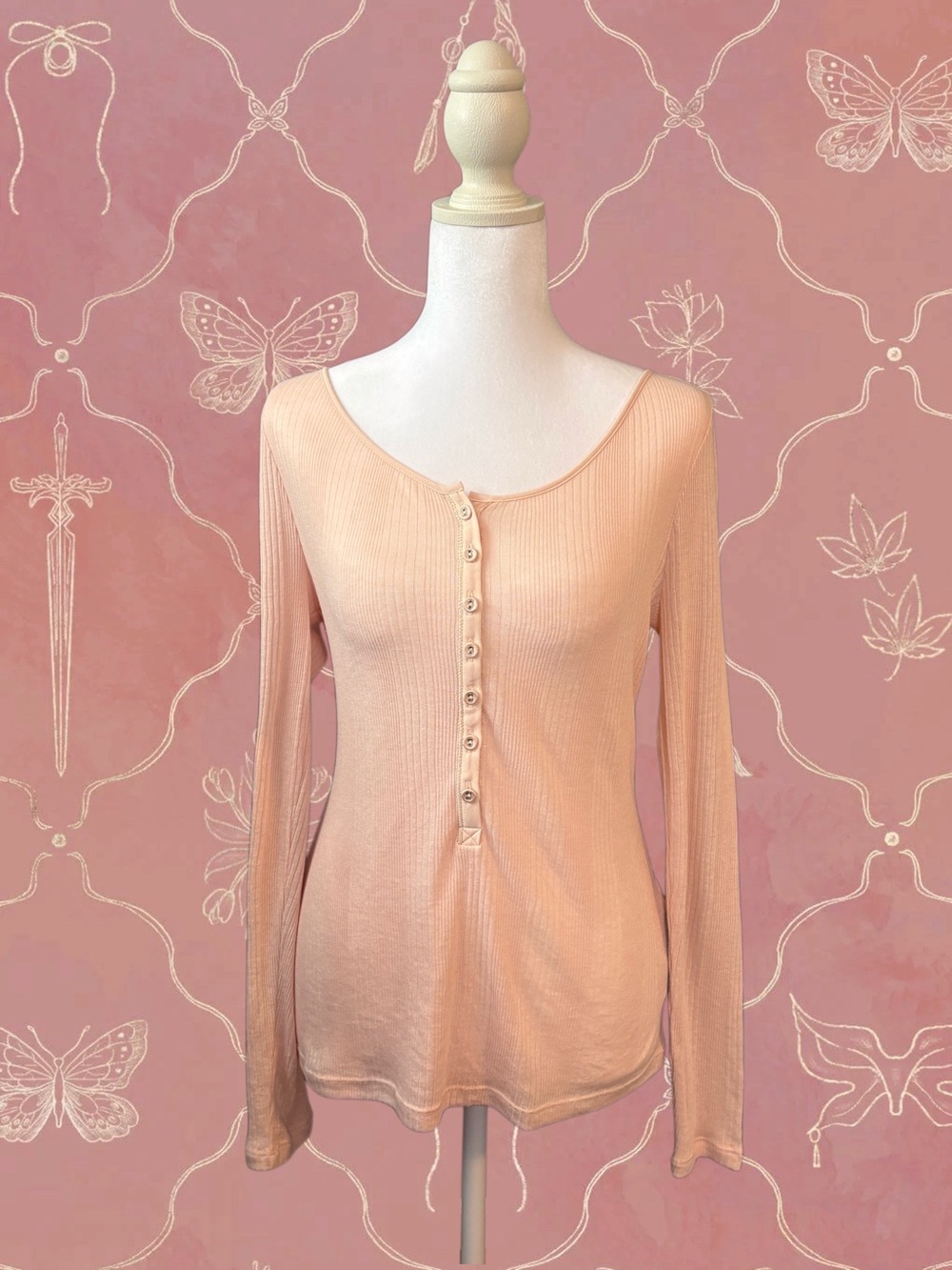 Peach Ribbed Henley Top